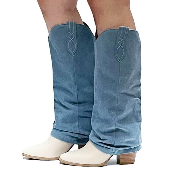 New Blue Denim Cowboy Fold Over Western Knee High Cowgirl Boots - Picture 2 of 3